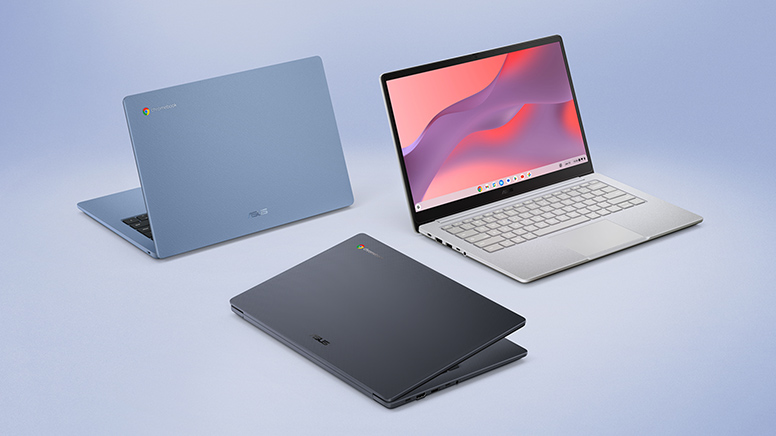 Three ASUS Chromebooks in dark grey, silver, blue color.